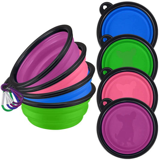 Four collapsible silicone travel dog bowls with carabiner clips